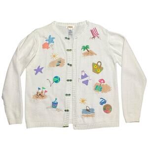Talbots Vintage Women’s White Cardigan Beach Theme Sweater Size Small EUC